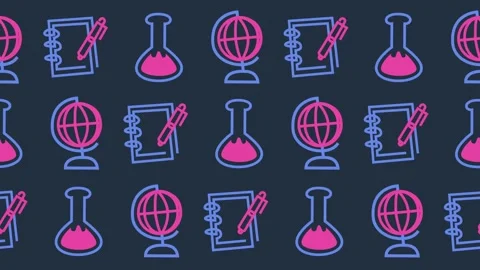 Education and science pattern with seamless globe, laboratory flask, notebook Stock Footage 334804160