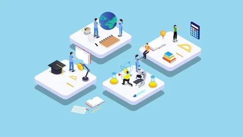 Education and Science Research Concept with Students and School Supplies 3d.. Stock Footage 337943490