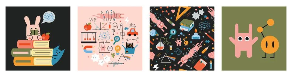 Education and study concept set with cute characters and seamless pattern. .. 스톡 일러스트