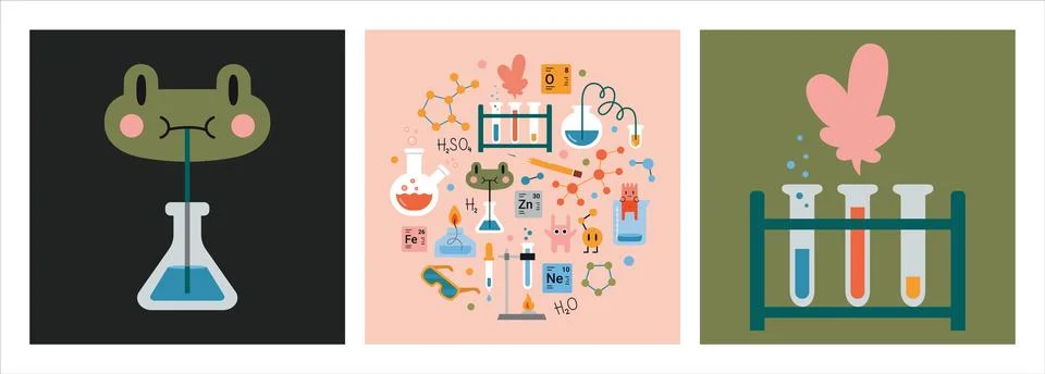 Education and study concept set with cute characters and composition. Chemi.. Stock Illustration
