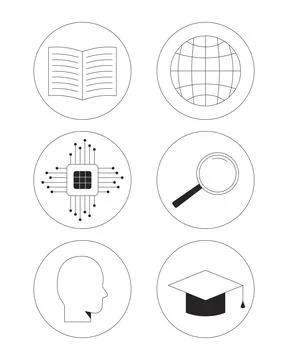 Education and technology 2D line round stickers objects set Stock Illustration