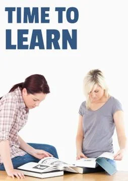Education and time to learn text and women reading books Fotos Stock