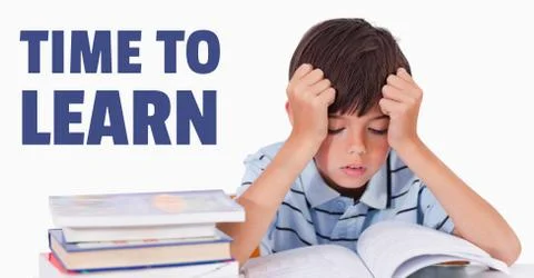 Education and time to learn text and frustrated boy reading a book Fotos Stock