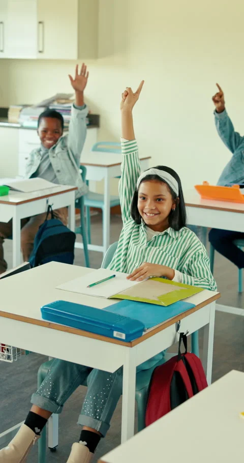 Education, answer and lesson with children in classroom for learning, knowledge Stock Footage 321822039