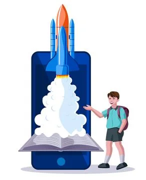 Education application startup, rocket launch from book with school uniform bo 스톡 일러스트