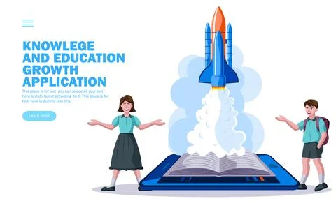 Education application startup, rocket launch from book with kids Illustrazione stock