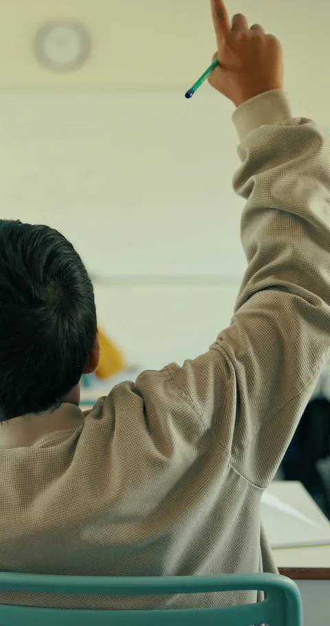 Education, arms raised and back with child in classroom for learning, knowledge Stock Footage 321872885