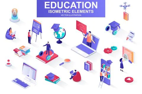 Education bundle of isometric elements. Illustrazione stock