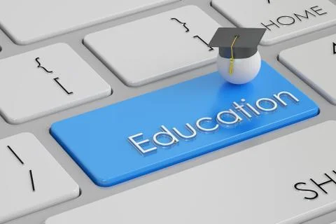 Education button, blue key on  keyboard. 3D rendering Stock Illustration
