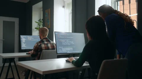 Education center for frontend developers and programmers, people writing program Stock Footage 233726649