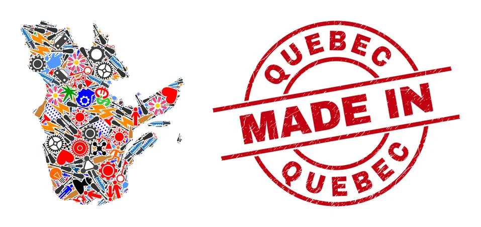 Education Collage Quebec Province Map and Made in Scratched Stamp Stockillustratie