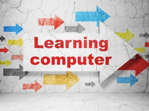 Education concept: arrow with Learning Computer on grunge wall background Stock Illustration