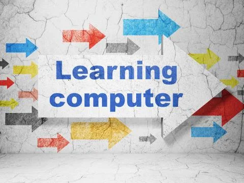 Education concept: arrow with Learning Computer on grunge wall background Stock Illustration