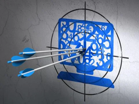 Education concept: arrows in Computer Pc target on wall background Illustrazione stock