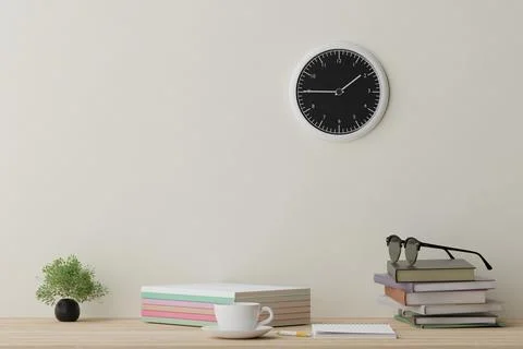 Education concept background. Stack of books, and clock on the wall Stock Photos