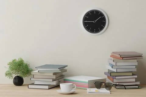 Education concept background. Stack of books, and clock on the wall Stock Photos