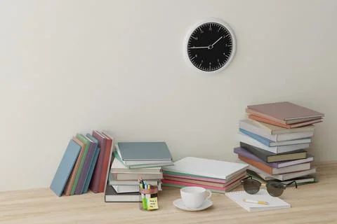 Education concept background. Stack of books, and clock on the wall Stock Photos