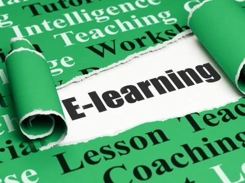 Education concept: black text E-learning under the piece of  torn paper Illustrazione stock
