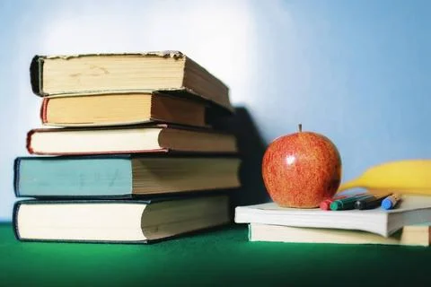 Education concept books stack, apple and pen education concept books stack... Stock Photos