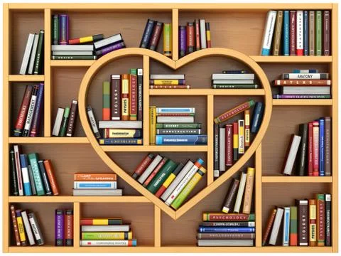 Education concept. Bookshelf with books and textbooks in form of heart. I lov Иллюстрация
