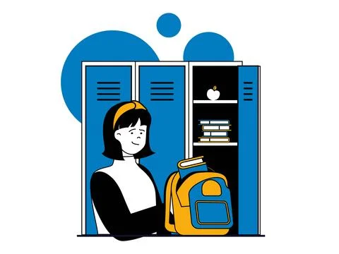 Education concept with character situation. Student with backpack stands at.. 库存插图