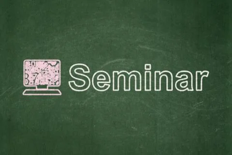 Education concept: Computer Pc and Seminar on chalkboard background 스톡 일러스트