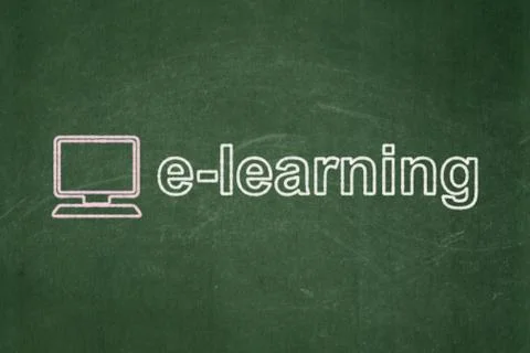 Education concept: Computer Pc and E-learning on chalkboard background Stock Illustration