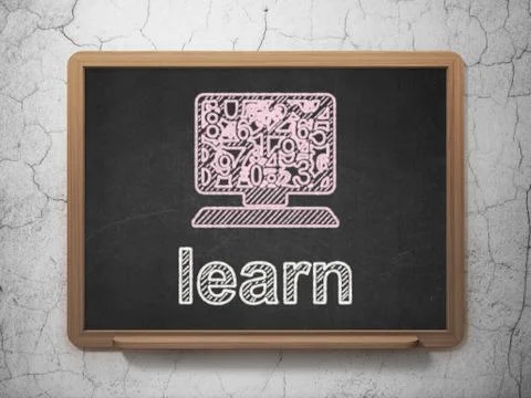 Education concept: Computer Pc and Learn on chalkboard background Illustrazione stock