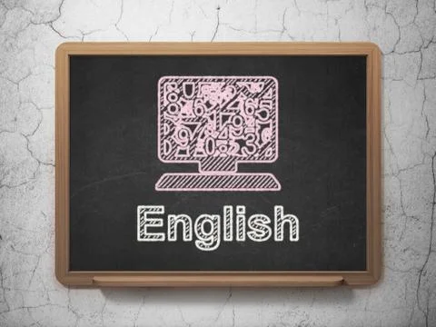 Education concept: Computer Pc and English on chalkboard background 스톡 일러스트