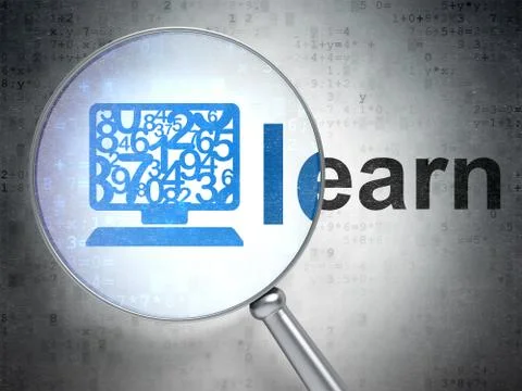 Education concept: Computer Pc and Learn with optical glass Illustrazione stock