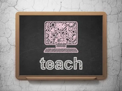 Education concept: Computer Pc and Teach on chalkboard background 스톡 일러스트