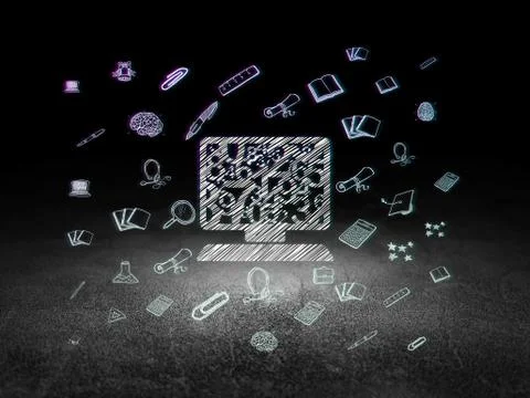 Education concept: Computer Pc in grunge dark room Stock Illustration