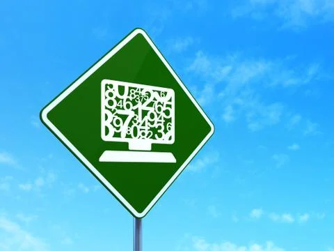 Education concept: Computer Pc on road sign background Illustrazione stock