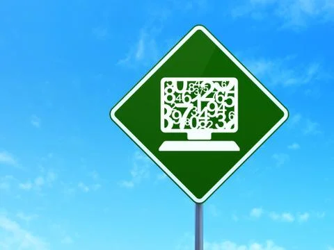 Education concept: Computer Pc on road sign background Illustrazione stock