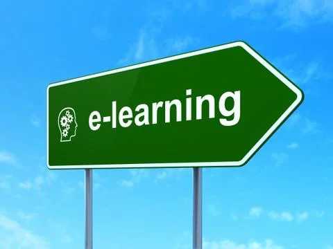 Education concept: E-learning and Head With Gears on road sign Stock Illustration