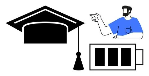 Education Concept with Graduation Cap, Battery Icon, and Person Pointing Stockillustratie