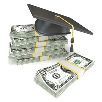 Education concept. Graduation cap on stack of dollar bills. 3D Illustrazione stock