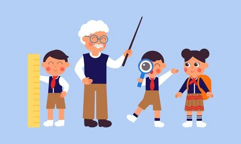 Education concept. Happy students, elderly teacher and little kids in school 库存插图