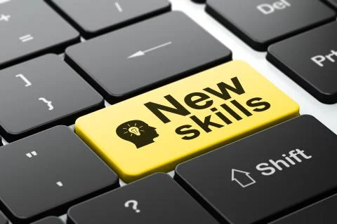 Education concept: Head With Light Bulb and New Skills on computer keyboard Illustrazione stock