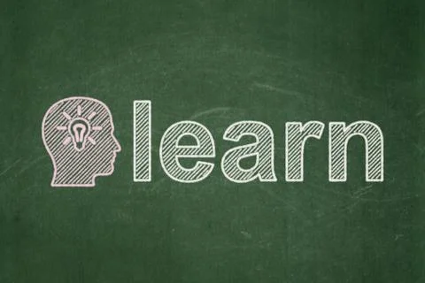 Education concept: Head With Light Bulb and Learn on chalkboard background Stock Illustration