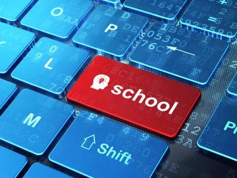 Education concept: Head With Light Bulb and School on computer k Stock Illustration
