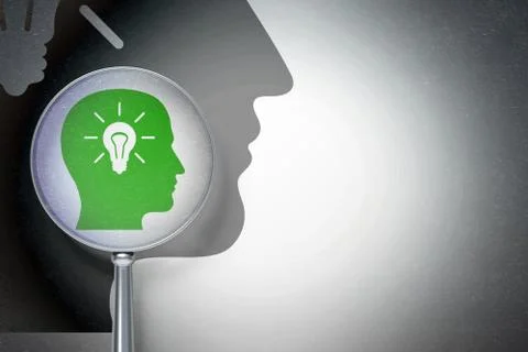 Education concept:  Head With Light Bulb with optical glass on digital backgroun Illustrazione stock