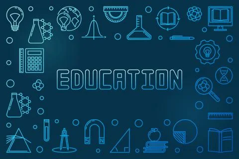 Education concept horizontal blue linear frame - vector banner Stock Illustration