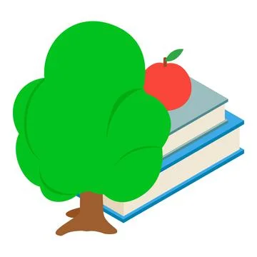 Education concept icon isometric vector. Red apple on stack of book green tree Illustrazione stock
