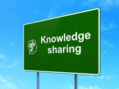 Education concept: Knowledge Sharing and Head With Gears on road sign background Illustrazione stock