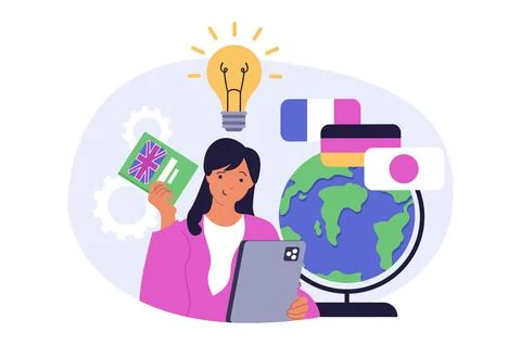 Education concept in modern flat design for web. Woman learning english, japa Stockillustratie