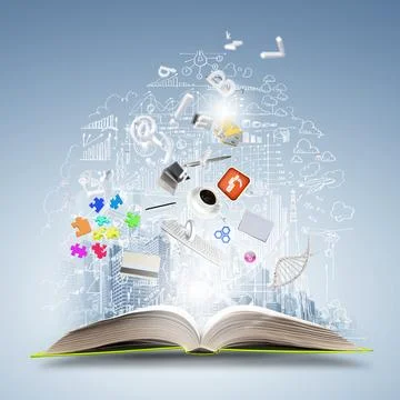 Education Concept with Open Book and Creative Knowledge Doodles Stock Illustration