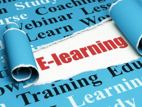 Education concept: red text E-learning under the piece of  torn paper Illustrazione stock