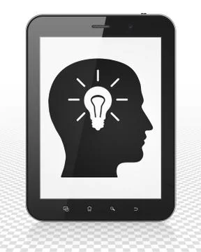 Education concept: Tablet Pc Computer with Head With Light Bulb on display 库存插图