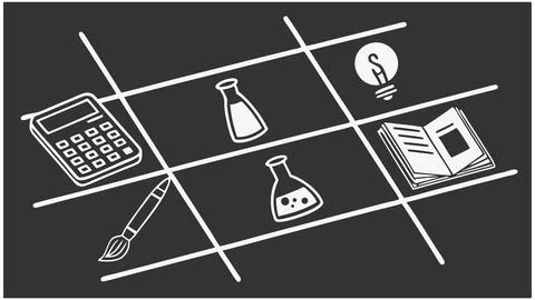 Education concept tic tac toe with science art math and creative writing tools Stock Illustration